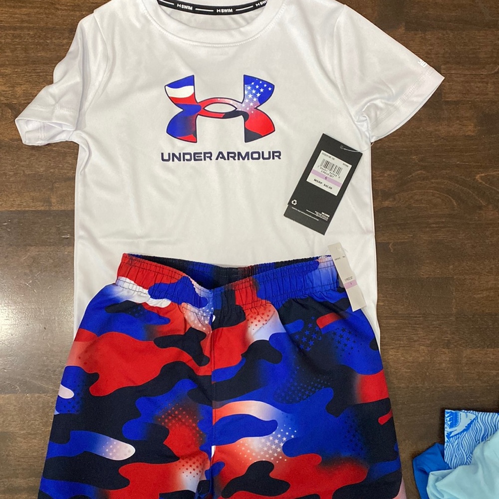NWT Under Armour Boys swim trunks with rash guard